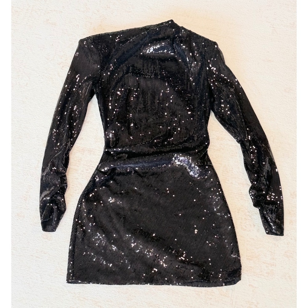 Zara Black Sequin Mini Dress S Draped High Neck Long Sleeve Cocktail Party